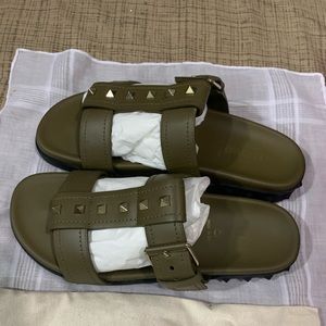 Valentino Moss Green Rockstud Slide Sandal, includes box, dust bag, worn twice
